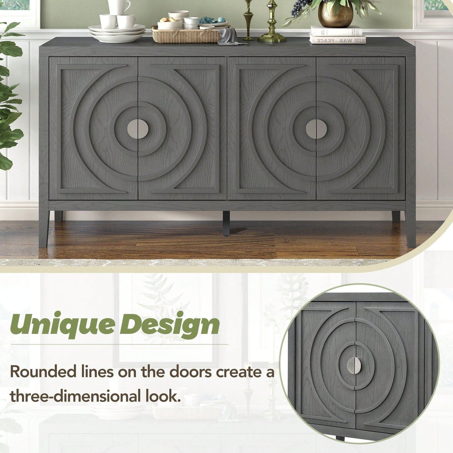 Retro Sideboard With Circular Groove Design, Round Metal Door Handle For Entrance, Dinning Room, Living Room