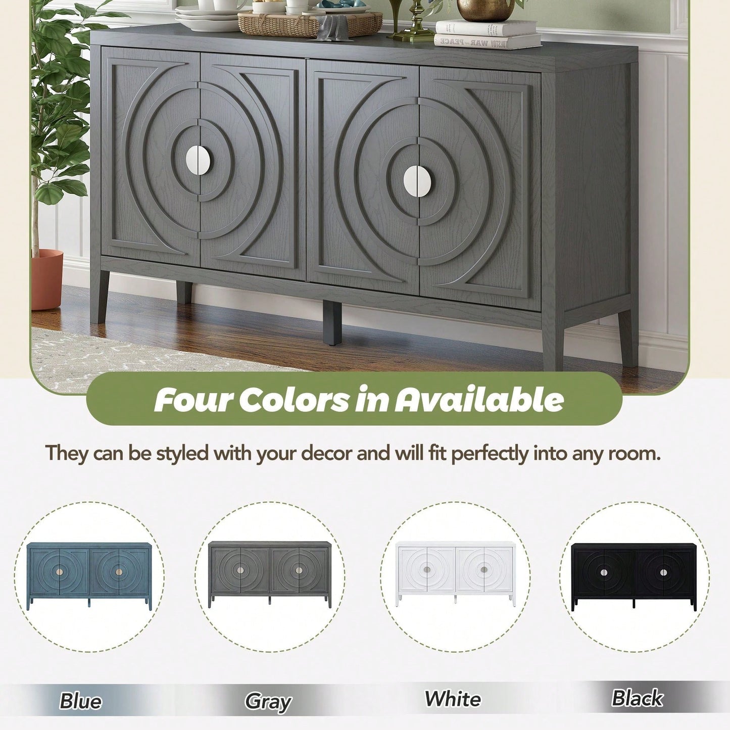 Retro Sideboard With Circular Groove Design, Round Metal Door Handle For Entrance, Dinning Room, Living Room
