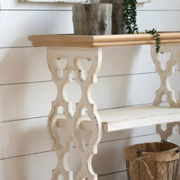 35.5" X 14" X 32" Distressed White And Natural Wood Shelf Tray, French Country Console Table