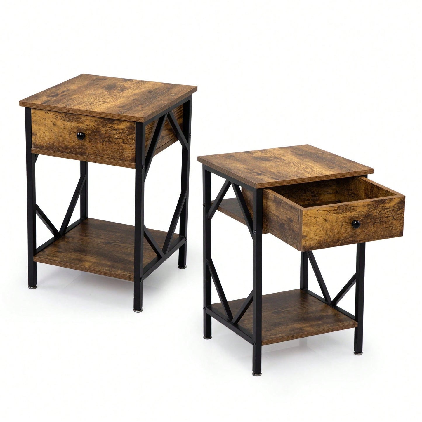 Industrial Nightstand Set of 2 with Drawer and Shelf for Bedroom Living Room Office Storage