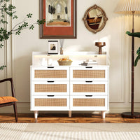 6-Drawers Rattan Storage Cabinet With LED Lights And Power Outlet, For Bedroom, Living Room