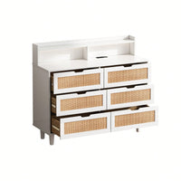 6-Drawers Rattan Storage Cabinet With LED Lights And Power Outlet, For Bedroom, Living Room