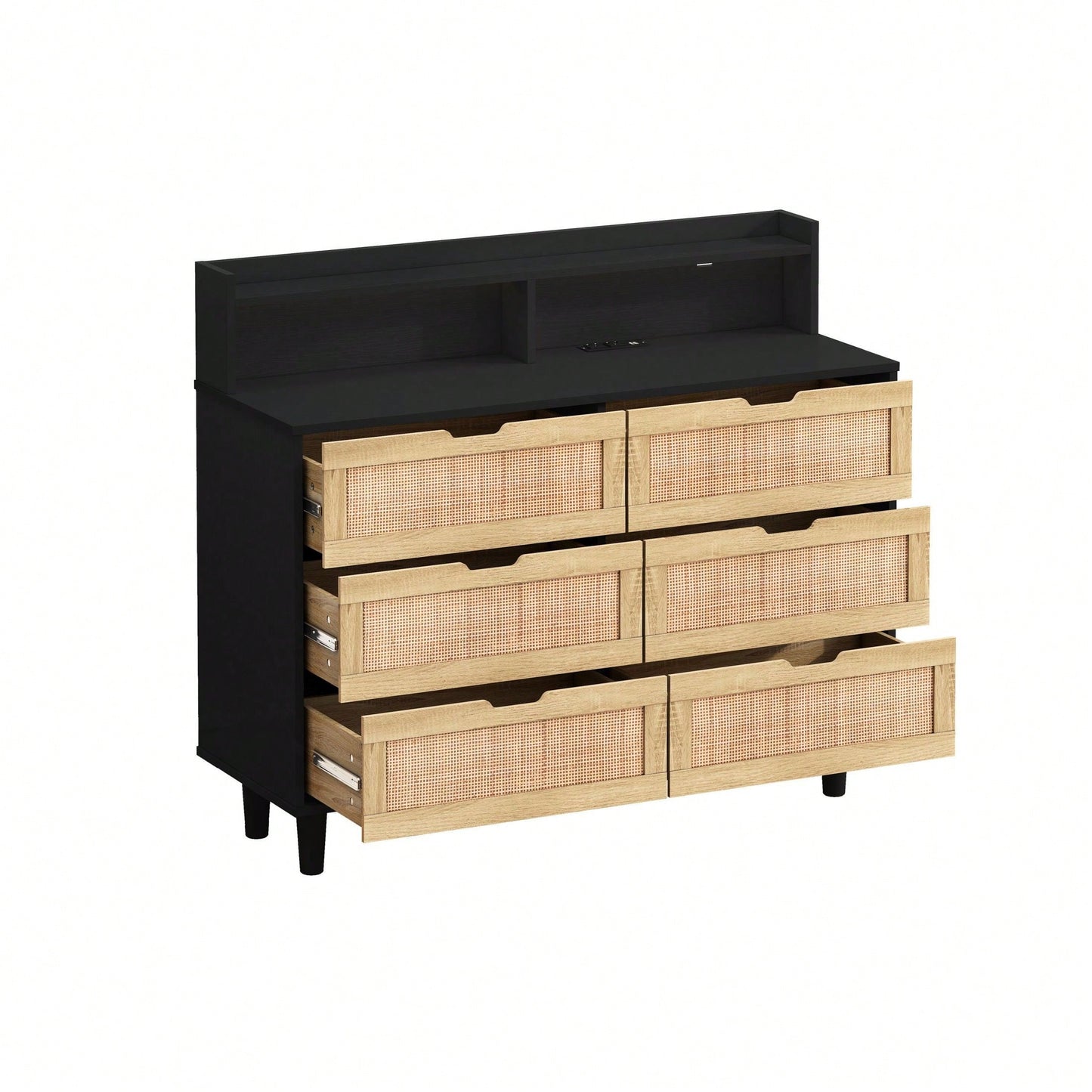 6-Drawers Rattan Storage Cabinet With LED Lights And Power Outlet, For Bedroom, Living Room