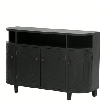 Curved Solid Wood Veneer Storage Cabinet with 4 Doors and Adjustable Shelves for Hallways and Studies