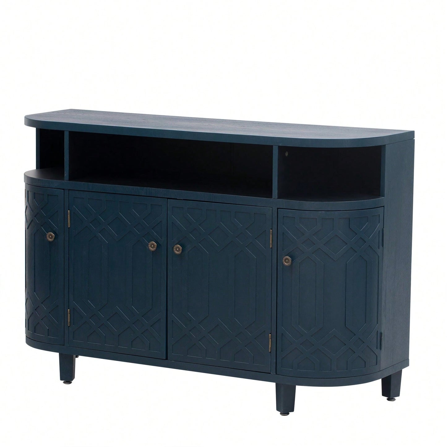 Curved Solid Wood Veneer Storage Cabinet with 4 Doors and Adjustable Shelves for Hallways and Studies