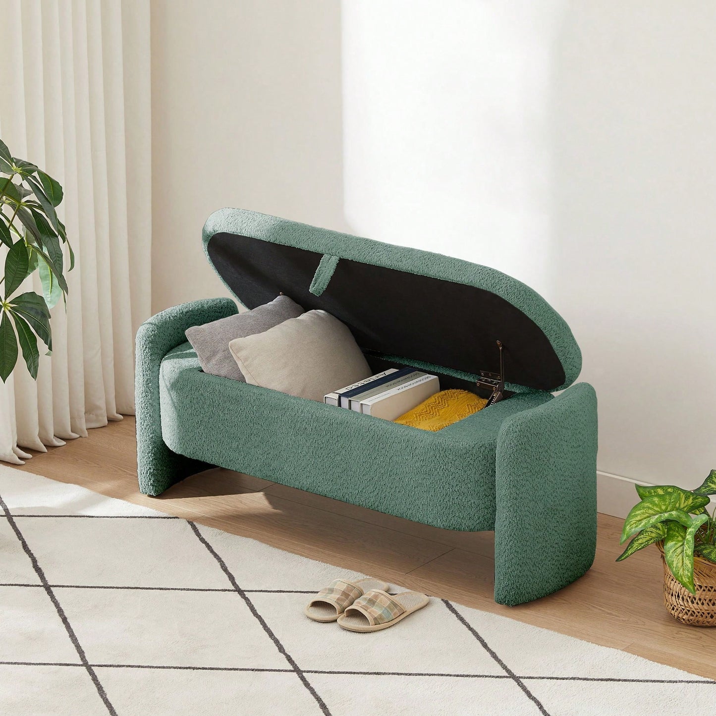 Oval Storage Bench 3D Lamb Fleece Fabric Bench With Large Storage Space For The Living Room, Entryway And Bedroom