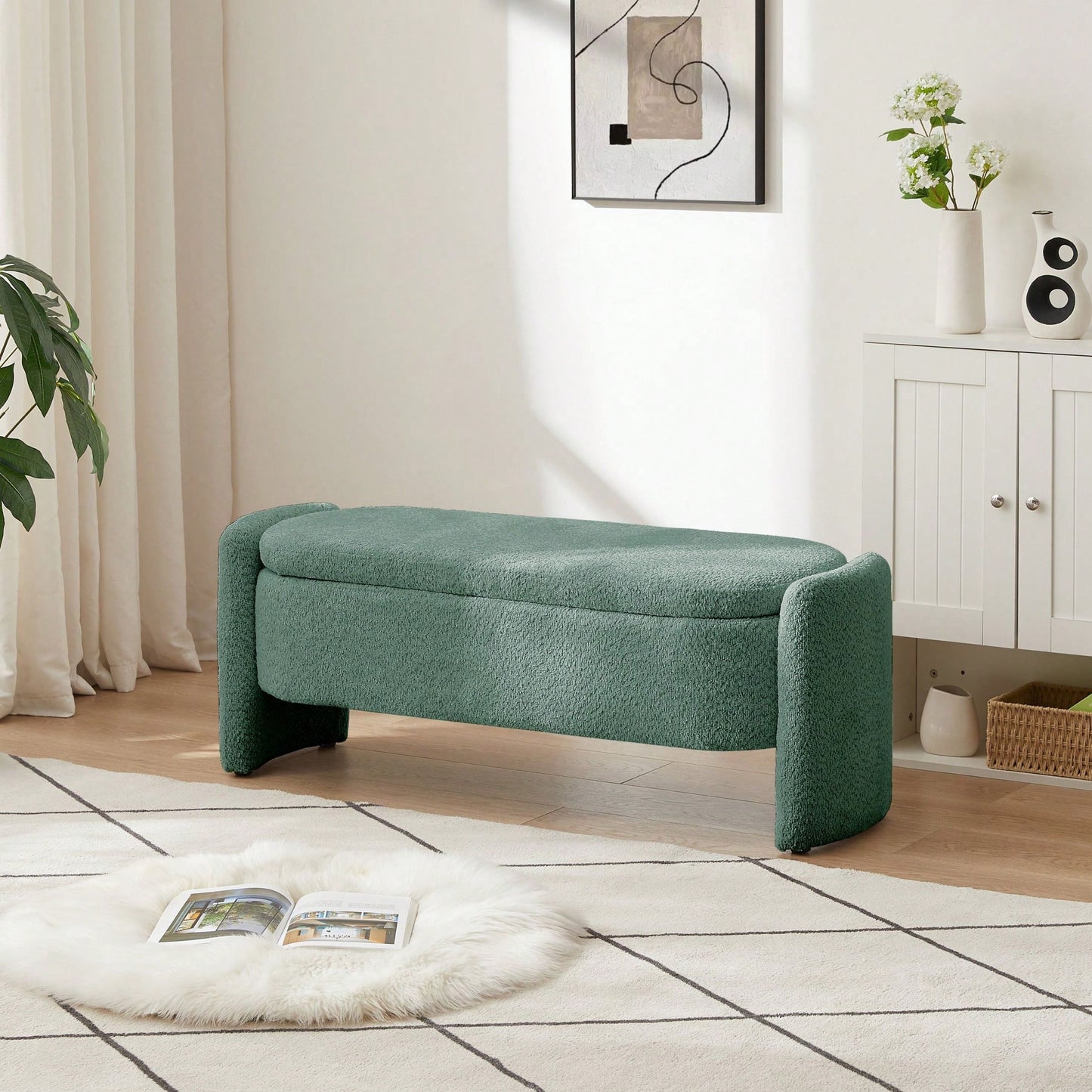 Oval Storage Bench 3D Lamb Fleece Fabric Bench With Large Storage Space For The Living Room, Entryway And Bedroom