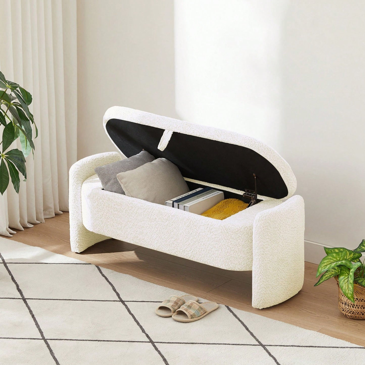 Oval Storage Bench 3D Lamb Fleece Fabric Bench With Large Storage Space For The Living Room, Entryway And Bedroom