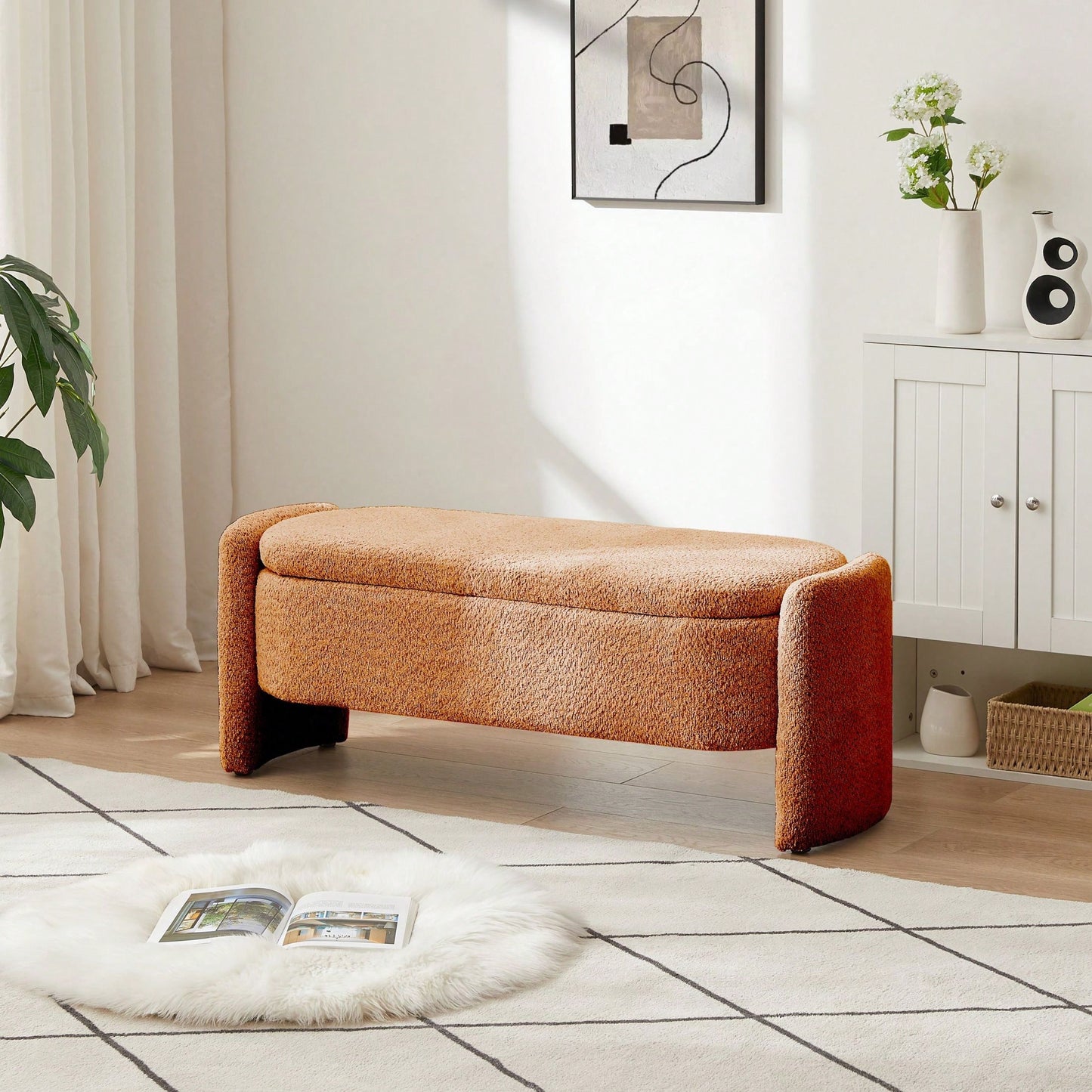 Oval Storage Bench 3D Lamb Fleece Fabric Bench With Large Storage Space For The Living Room, Entryway And Bedroom