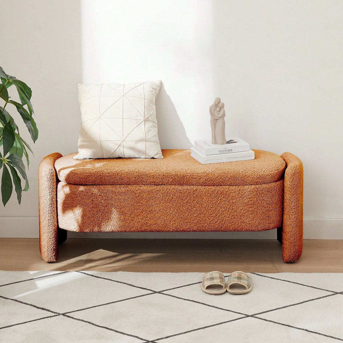 Oval Storage Bench 3D Lamb Fleece Fabric Bench With Large Storage Space For The Living Room, Entryway And Bedroom