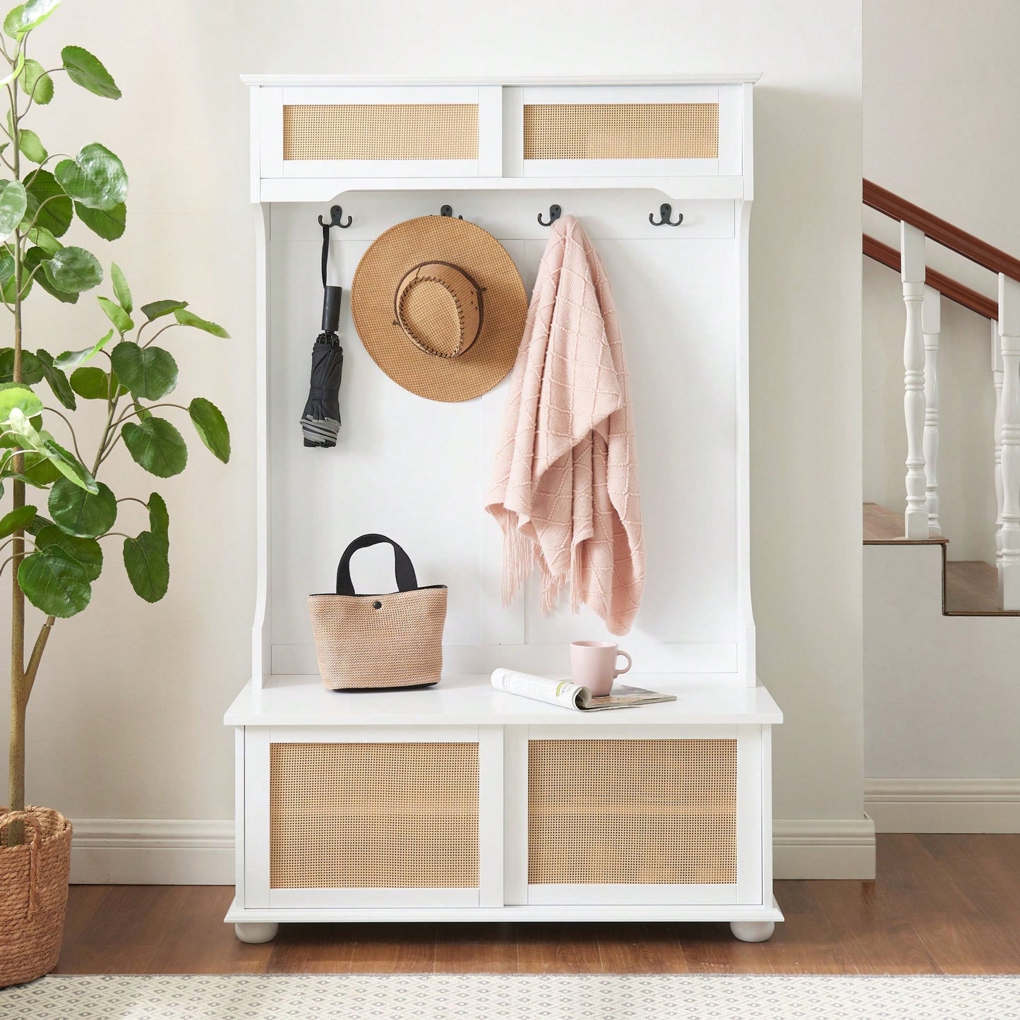 4-In-1 Hall Tree Entryway Bench With Rattan Door Shelves And Shoe Cabinets, SOLID WOOD Feet
