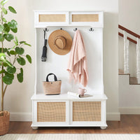 4-In-1 Hall Tree Entryway Bench With Rattan Door Shelves And Shoe Cabinets, SOLID WOOD Feet