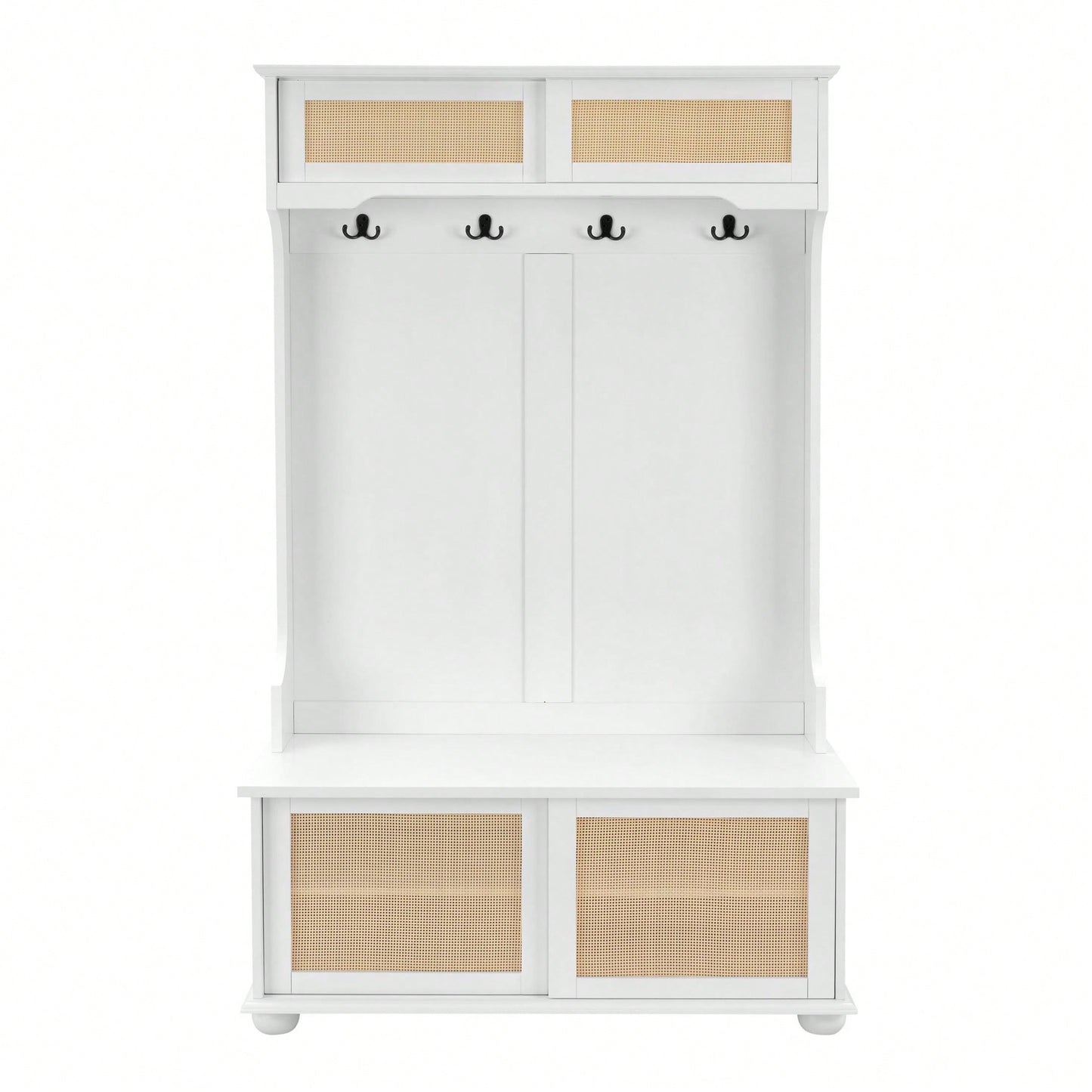 4-In-1 Hall Tree Entryway Bench With Rattan Door Shelves And Shoe Cabinets, SOLID WOOD Feet