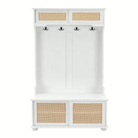 4-In-1 Hall Tree Entryway Bench With Rattan Door Shelves And Shoe Cabinets, SOLID WOOD Feet