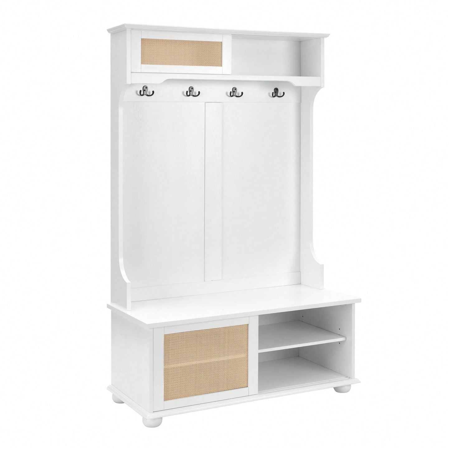 4-In-1 Hall Tree Entryway Bench With Rattan Door Shelves And Shoe Cabinets, SOLID WOOD Feet