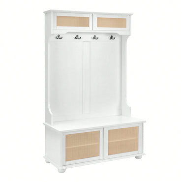 4-In-1 Hall Tree Entryway Bench With Rattan Door Shelves And Shoe Cabinets, SOLID WOOD Feet