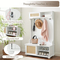 4-In-1 Hall Tree Entryway Bench With Rattan Door Shelves And Shoe Cabinets, SOLID WOOD Feet