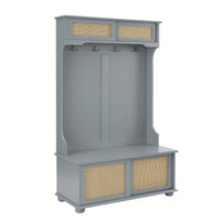 4-In-1 Hall Tree Entryway Bench With Rattan Door Shelves And Shoe Cabinets, SOLID WOOD Feet