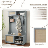 4-In-1 Hall Tree Entryway Bench With Rattan Door Shelves And Shoe Cabinets, SOLID WOOD Feet