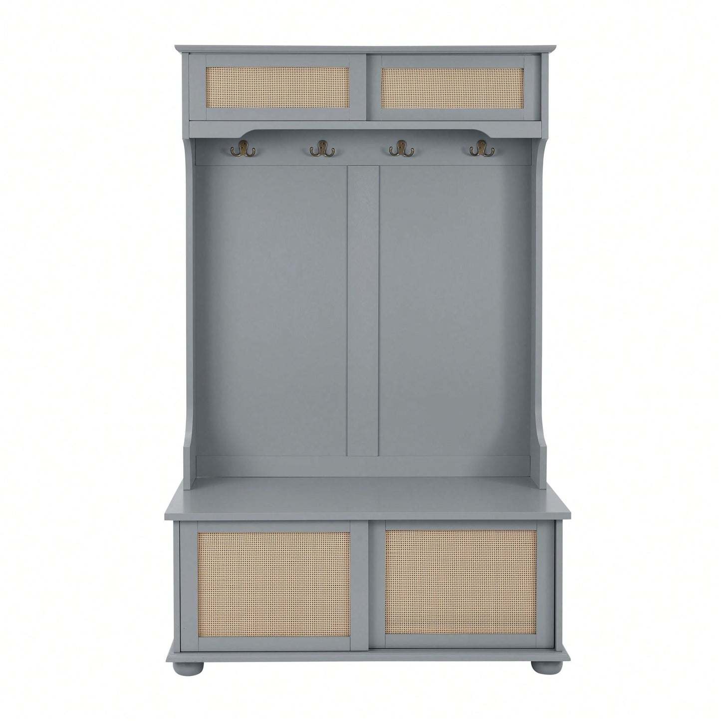 4-In-1 Hall Tree Entryway Bench With Rattan Door Shelves And Shoe Cabinets, SOLID WOOD Feet