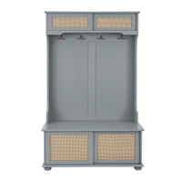 4-In-1 Hall Tree Entryway Bench With Rattan Door Shelves And Shoe Cabinets, SOLID WOOD Feet