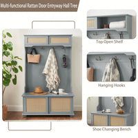 4-In-1 Hall Tree Entryway Bench With Rattan Door Shelves And Shoe Cabinets, SOLID WOOD Feet