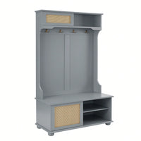 4-In-1 Hall Tree Entryway Bench With Rattan Door Shelves And Shoe Cabinets, SOLID WOOD Feet