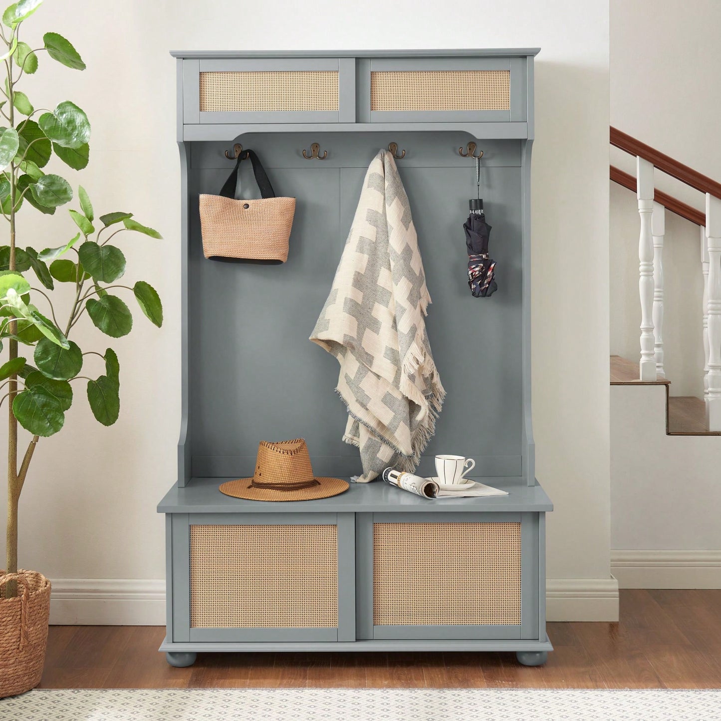 4-In-1 Hall Tree Entryway Bench With Rattan Door Shelves And Shoe Cabinets, SOLID WOOD Feet