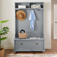 4-In-1 Hall Tree Entryway Bench With Open Shelves And Shoe Cabinets, SOLID WOOD Feet
