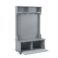 4-In-1 Hall Tree Entryway Bench With Open Shelves And Shoe Cabinets, SOLID WOOD Feet
