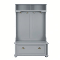 4-In-1 Hall Tree Entryway Bench With Open Shelves And Shoe Cabinets, SOLID WOOD Feet