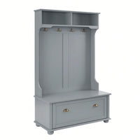 4-In-1 Hall Tree Entryway Bench With Open Shelves And Shoe Cabinets, SOLID WOOD Feet