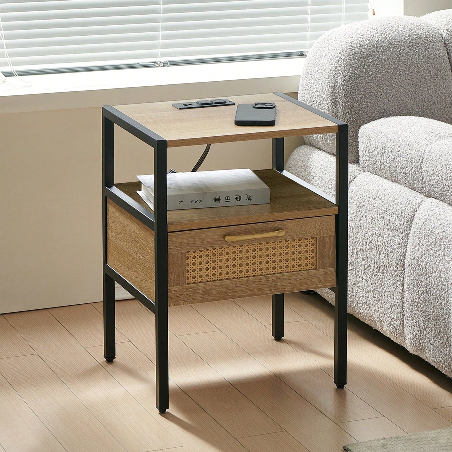 15.75" Rattan End Table With Power Outlet & USB Ports , Modern Nightstand With Drawer And Metal Legs, Side Table For Living Room, Bedroom