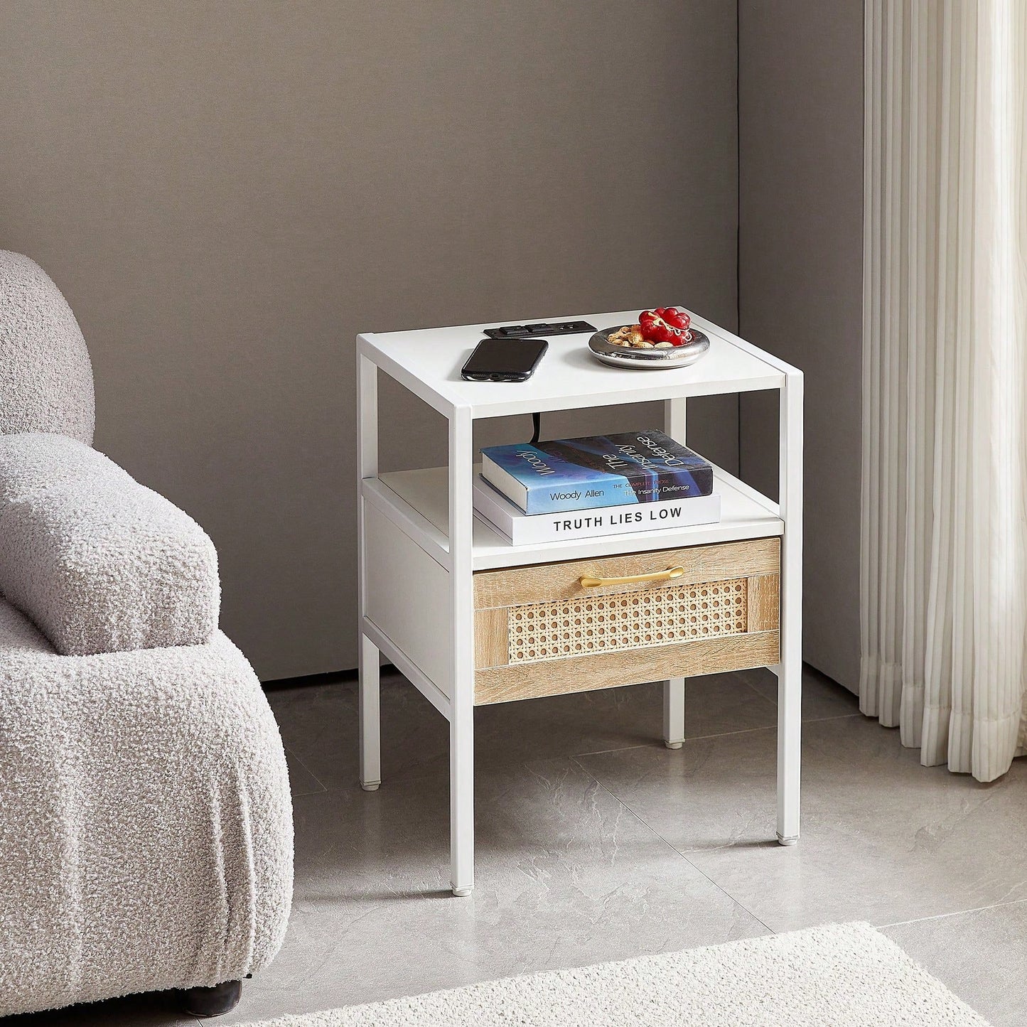 15.75" Rattan End Table With Power Outlet & USB Ports , Modern Nightstand With Drawer And Metal Legs, Side Table For Living Room, Bedroom