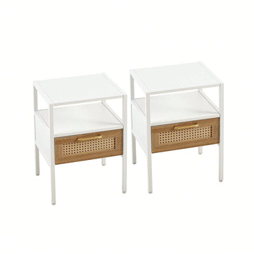 15.75" Rattan End Table With Drawer, Modern Nightstand, Metal Legs,Side Table For Living Room, Bedroom