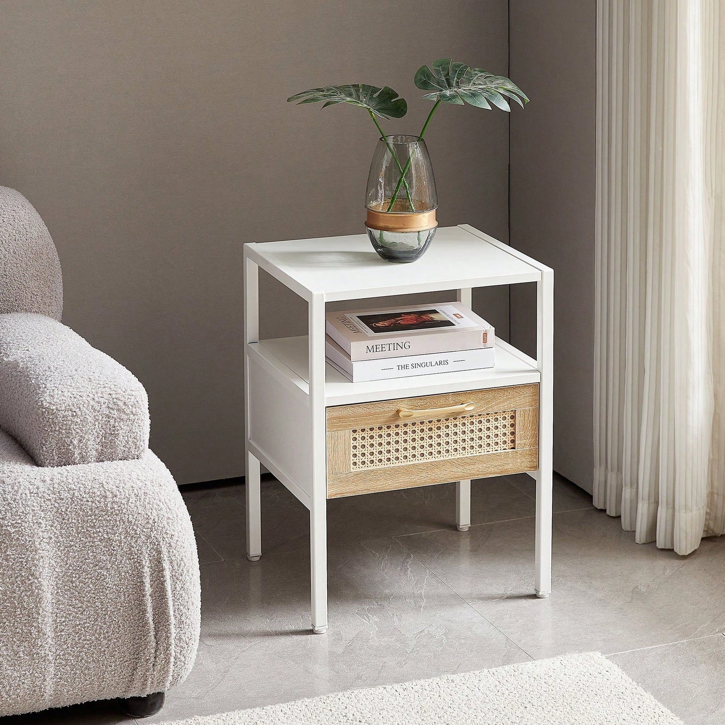 15.75" Rattan End Table With Drawer, Modern Nightstand, Metal Legs,Side Table For Living Room, Bedroom