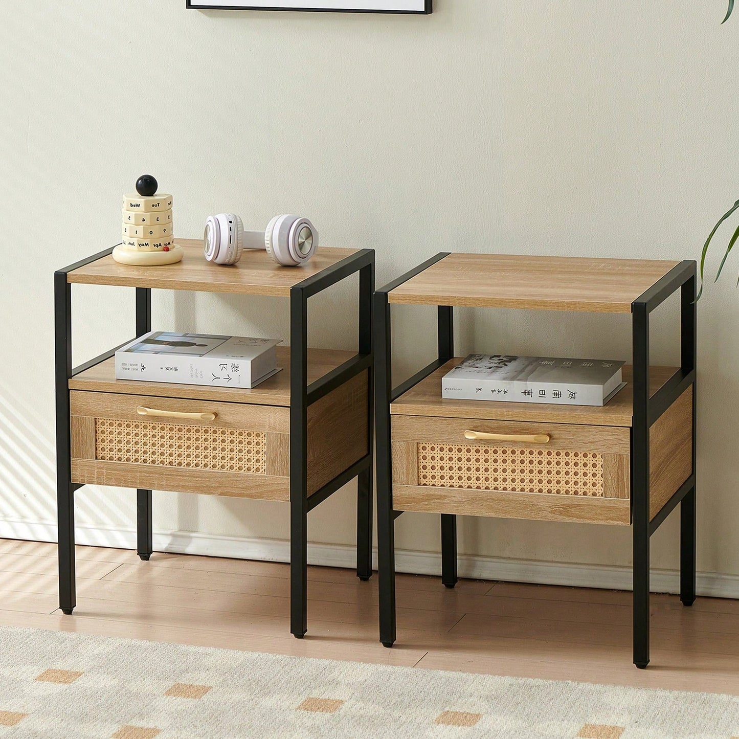 15.75" Rattan End Table With Drawer, Modern Nightstand, Metal Legs,Side Table For Living Room, Bedroom