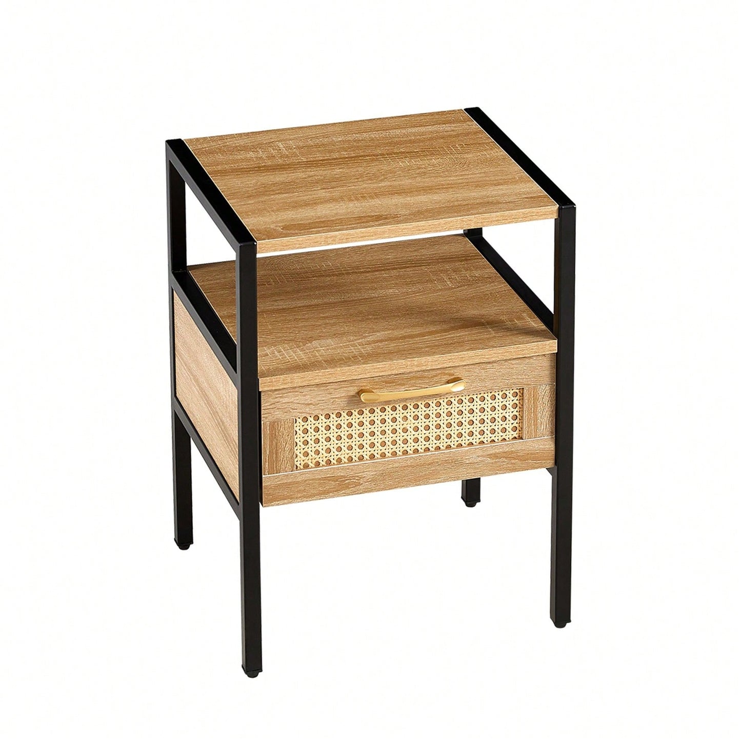 15.75" Rattan End Table With Drawer, Modern Nightstand, Metal Legs,Side Table For Living Room, Bedroom