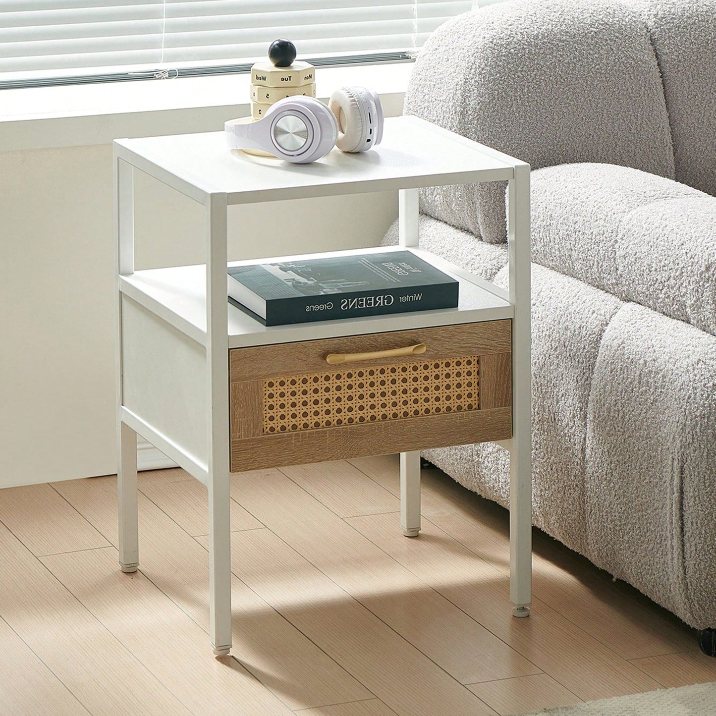 15.75" Rattan End Table With Drawer, Modern Nightstand, Metal Legs,Side Table For Living Room, Bedroom