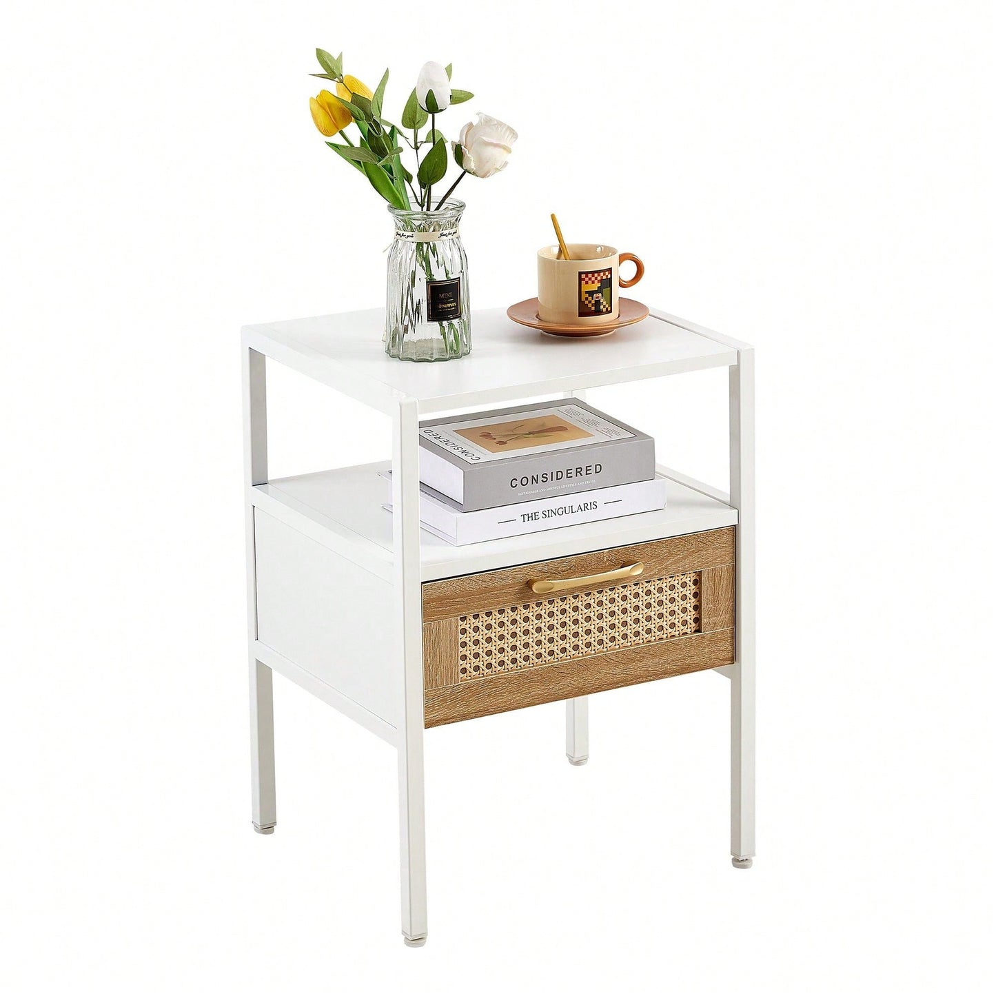 15.75" Rattan End Table With Drawer, Modern Nightstand, Metal Legs,Side Table For Living Room, Bedroom