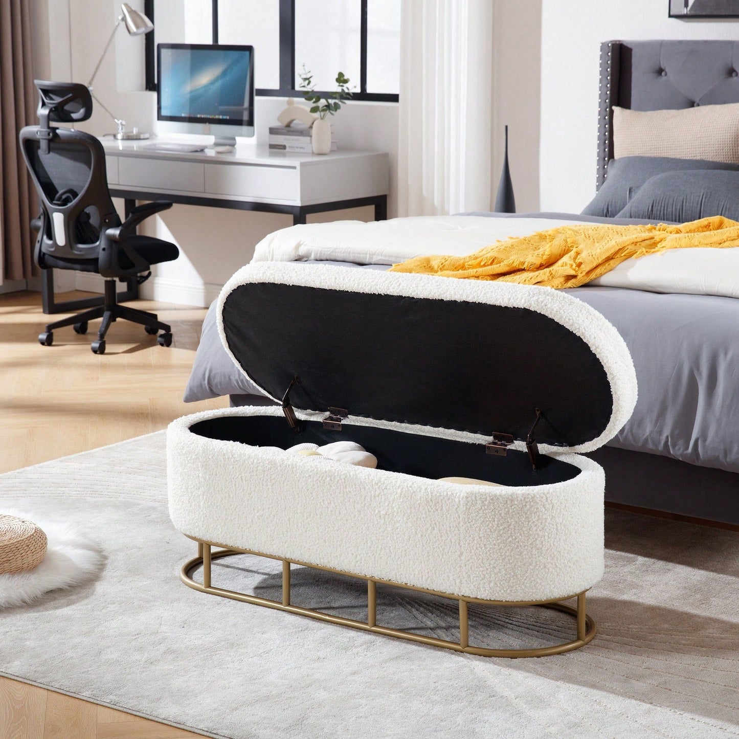 Oval Storage Bench For Living Room Bedroom End Of Bed,Upholstered Storage Ottoman Entryway Bench With Metal Legs