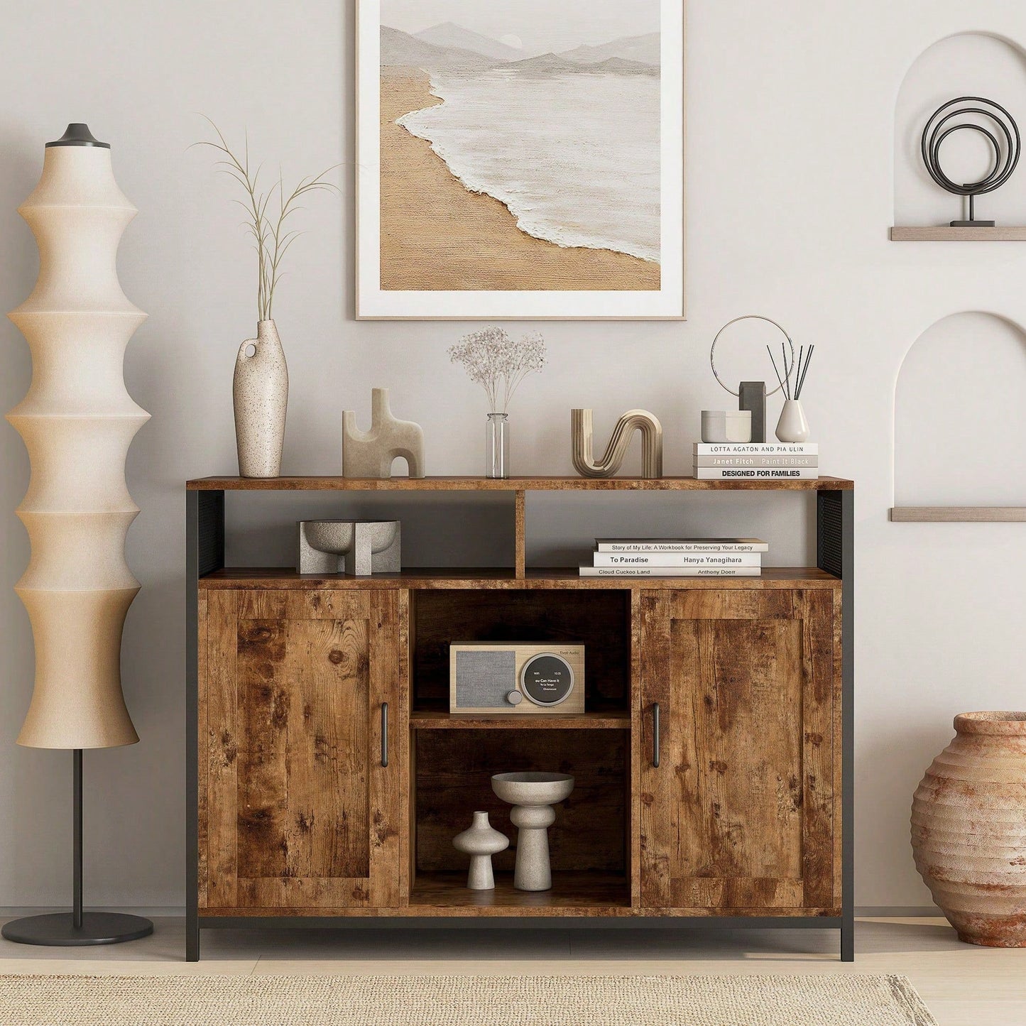 Storage Cabinet With Open Shelves For Kitchen Dining Room Living Room, Industrial Style