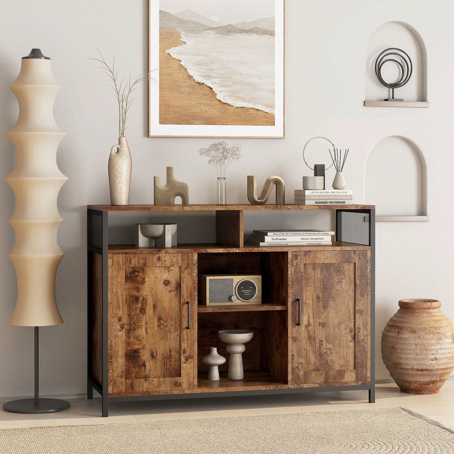 Storage Cabinet With Open Shelves For Kitchen Dining Room Living Room, Industrial Style