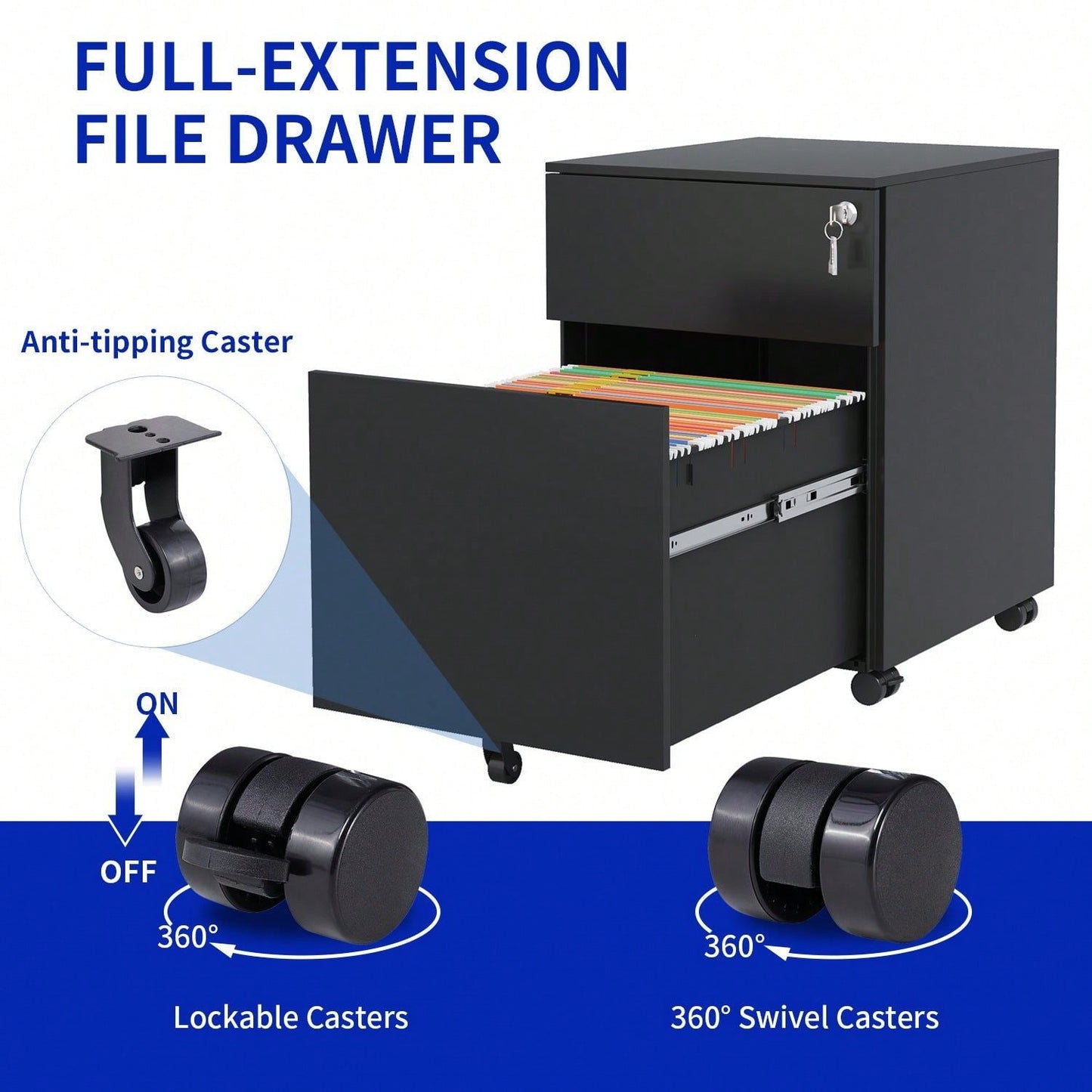 2 Drawer Mobile File Cabinet, Steel File Cabinet For Legal/Letter/A4/F4 Size, Fully Assembled Include Wheels, Home/ Office Design