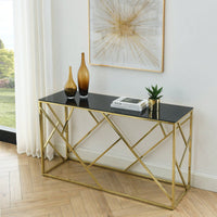 Gold Sofa Table With Sturdy Metal Frame And Black Tempered Glass Top, For Living Room Entryway Bedroom