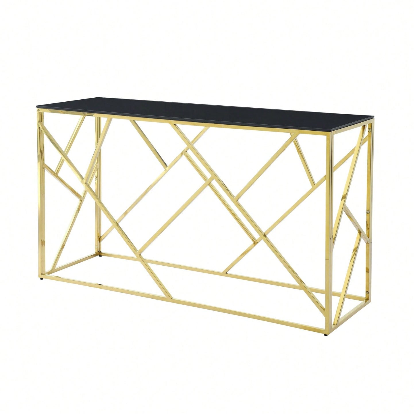 Gold Sofa Table With Sturdy Metal Frame And Black Tempered Glass Top, For Living Room Entryway Bedroom