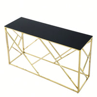 Gold Sofa Table With Sturdy Metal Frame And Black Tempered Glass Top, For Living Room Entryway Bedroom