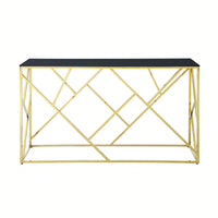 Gold Sofa Table With Sturdy Metal Frame And Black Tempered Glass Top, For Living Room Entryway Bedroom