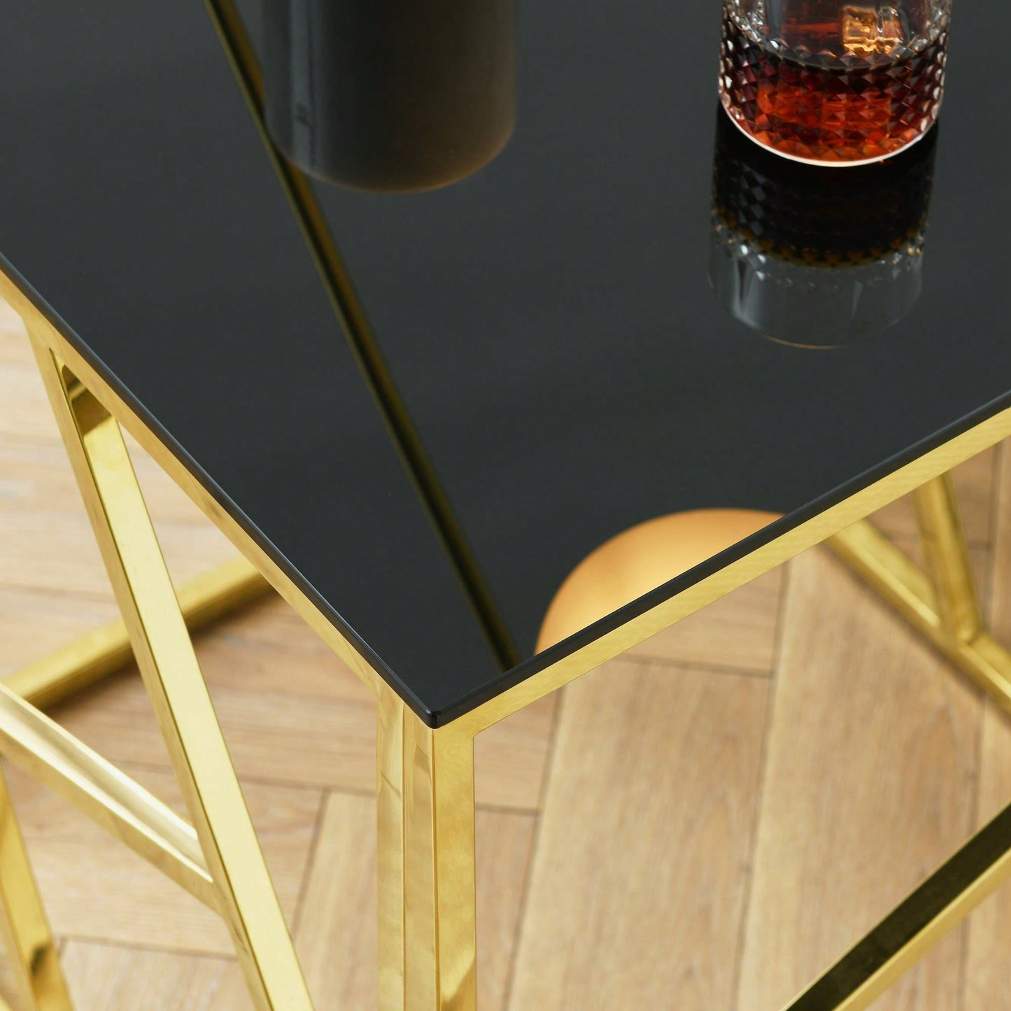 Gold Sofa Table With Sturdy Metal Frame And Black Tempered Glass Top, For Living Room Entryway Bedroom