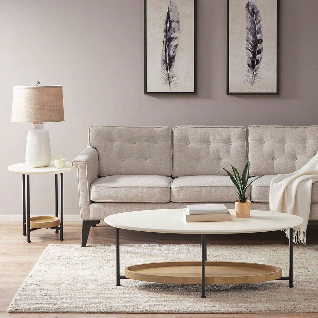 Oval Coffee Table, White Top & Natural Shelf, Metal Base